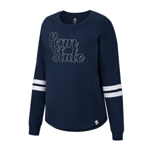 women's navy long sleeve t-shirt with Penn State script applique